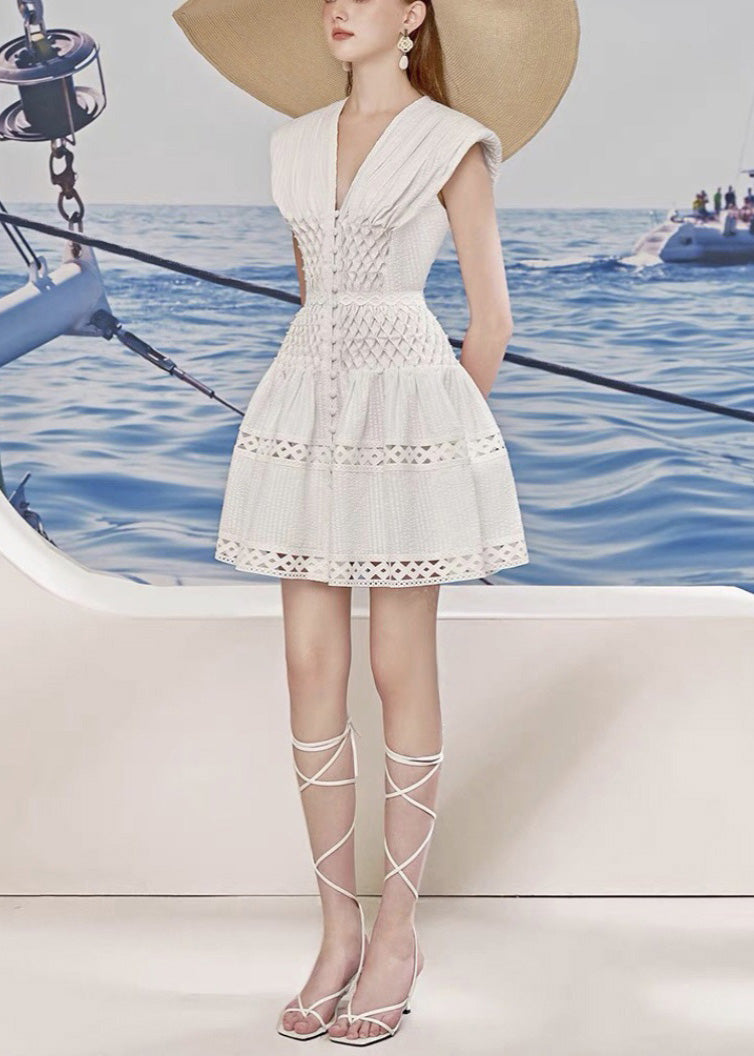 Bohemian White V Neck Hollow Out Cotton Mid Dress Summer