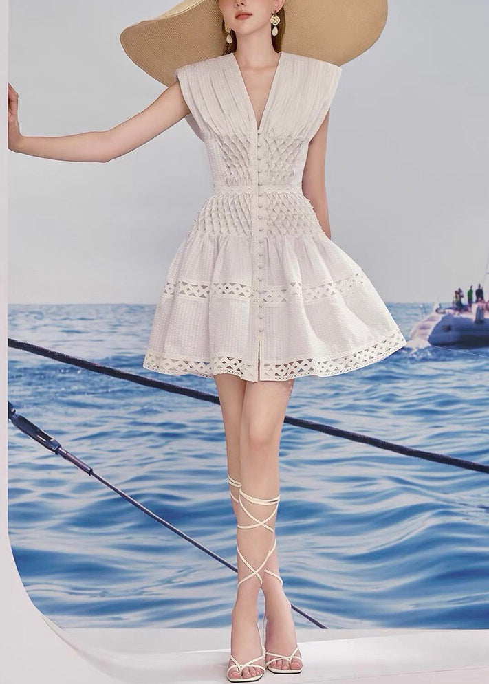 Bohemian White V Neck Hollow Out Cotton Mid Dress Summer