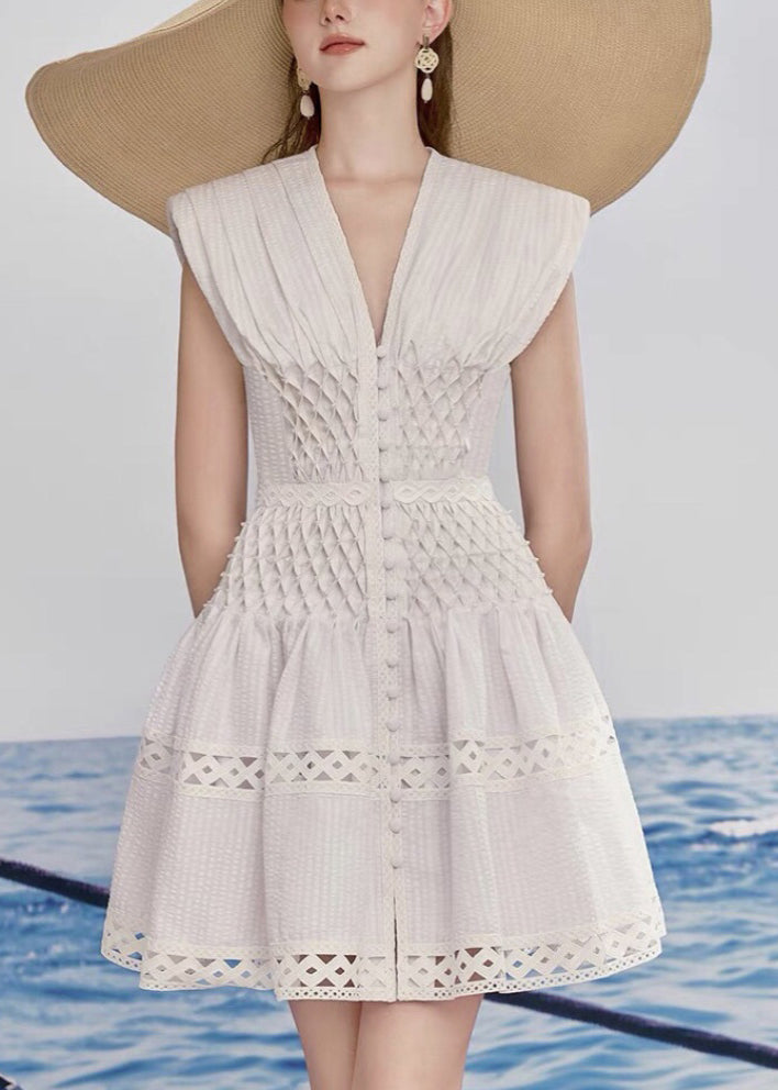 Bohemian White V Neck Hollow Out Cotton Mid Dress Summer