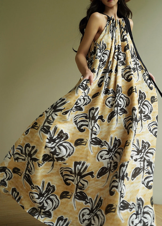 Bohemian Yellow Cold Shoulder Print Wrinkled Long Spaghetti Strap Dresses Sleeveless