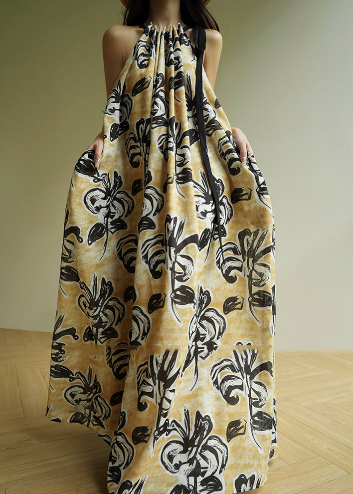 Bohemian Yellow Cold Shoulder Print Wrinkled Long Spaghetti Strap Dresses Sleeveless