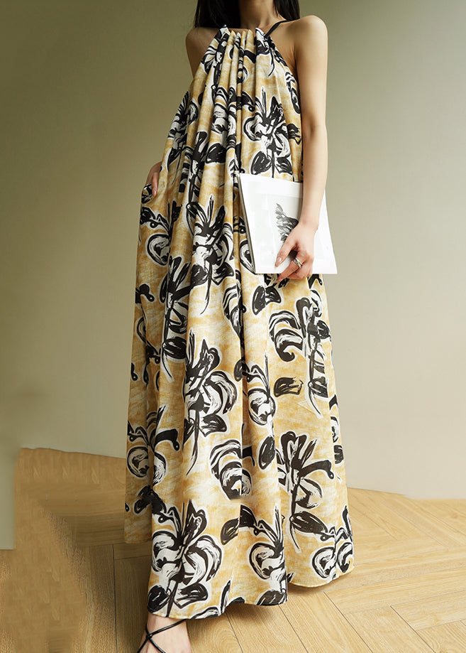 Bohemian Yellow Cold Shoulder Print Wrinkled Long Spaghetti Strap Dresses Sleeveless