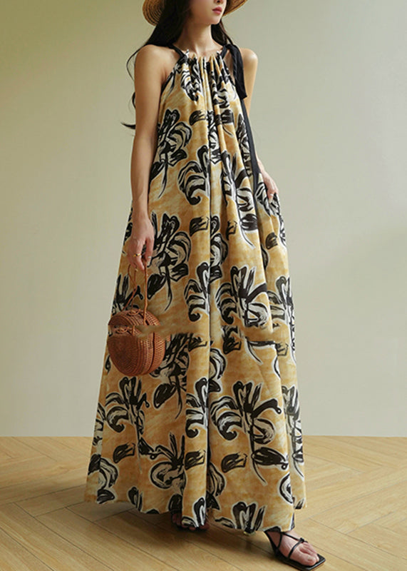 Bohemian Yellow Cold Shoulder Print Wrinkled Long Spaghetti Strap Dresses Sleeveless