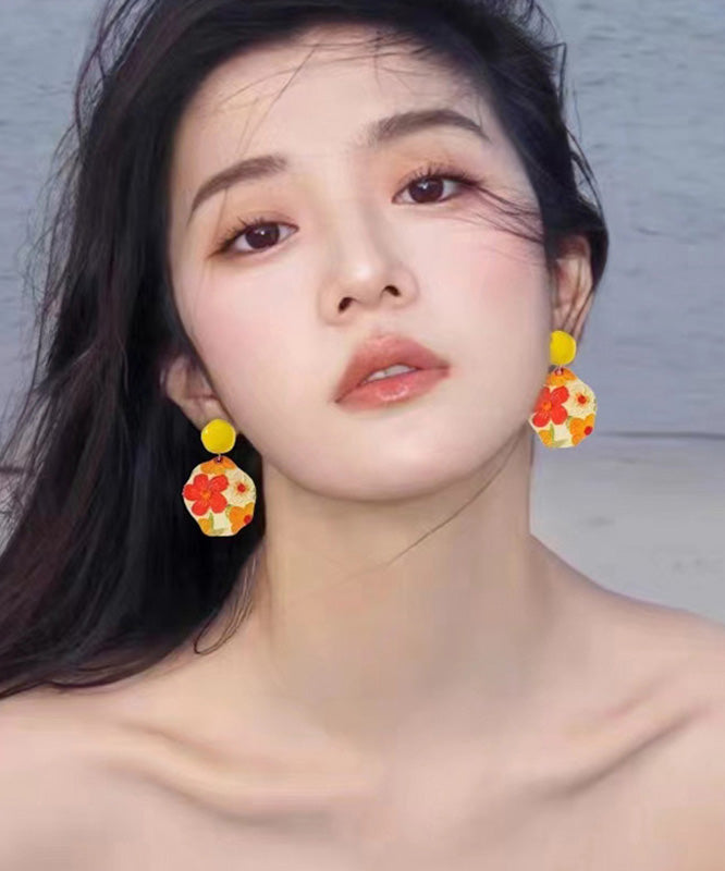 Bohemian Yellow Srerling Silver Floral Drop Glaze Drop Earrings