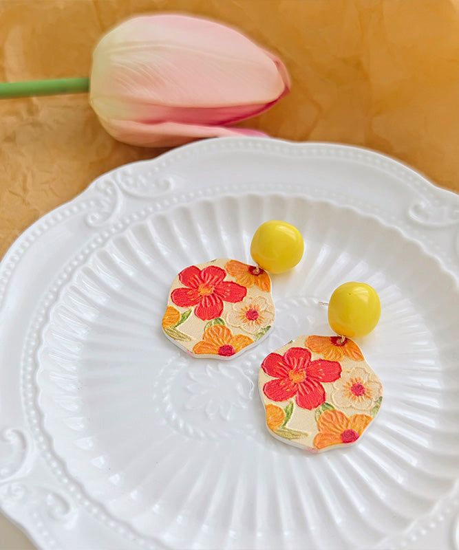 Bohemian Yellow Srerling Silver Floral Drop Glaze Drop Earrings