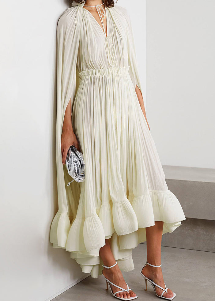 Boho Apricot Ruffled Lace Up Cotton Party Dresses Batwing Sleeve