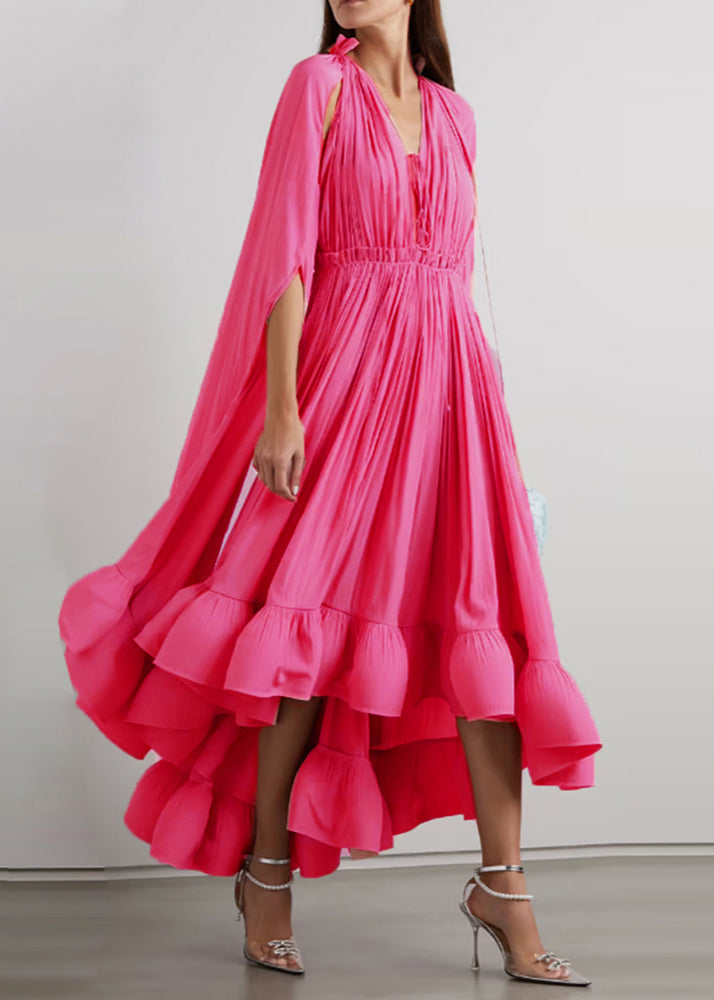 Boho Apricot Ruffled Lace Up Cotton Party Dresses Batwing Sleeve