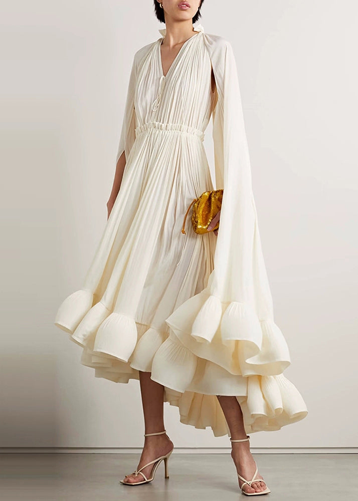 Boho Apricot Ruffled Lace Up Cotton Party Dresses Batwing Sleeve