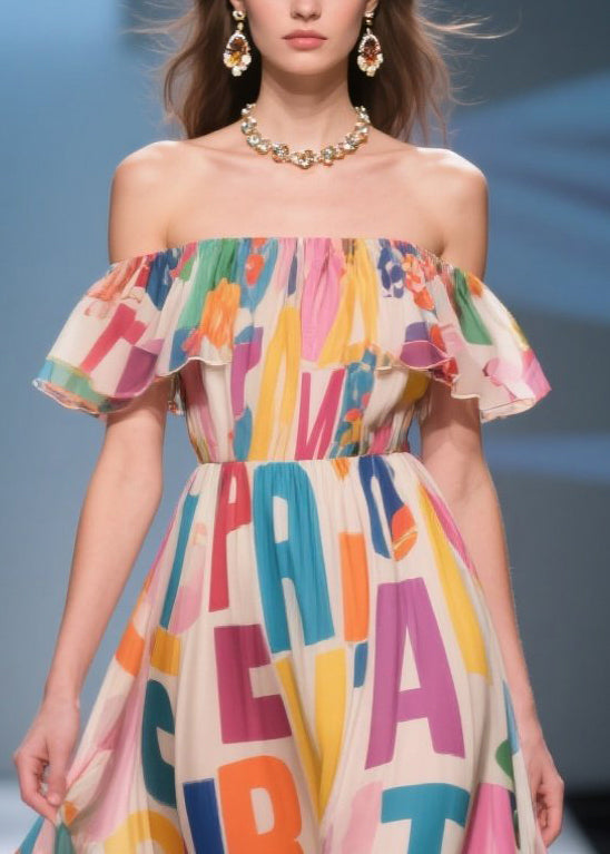 Boho Beige Cold Shoulder Print Chiffon Beach Dress Summer