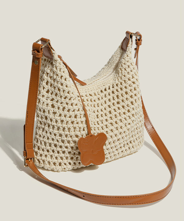 Boho Beige Hollow Out Patchwork Woven Shoulder Bags