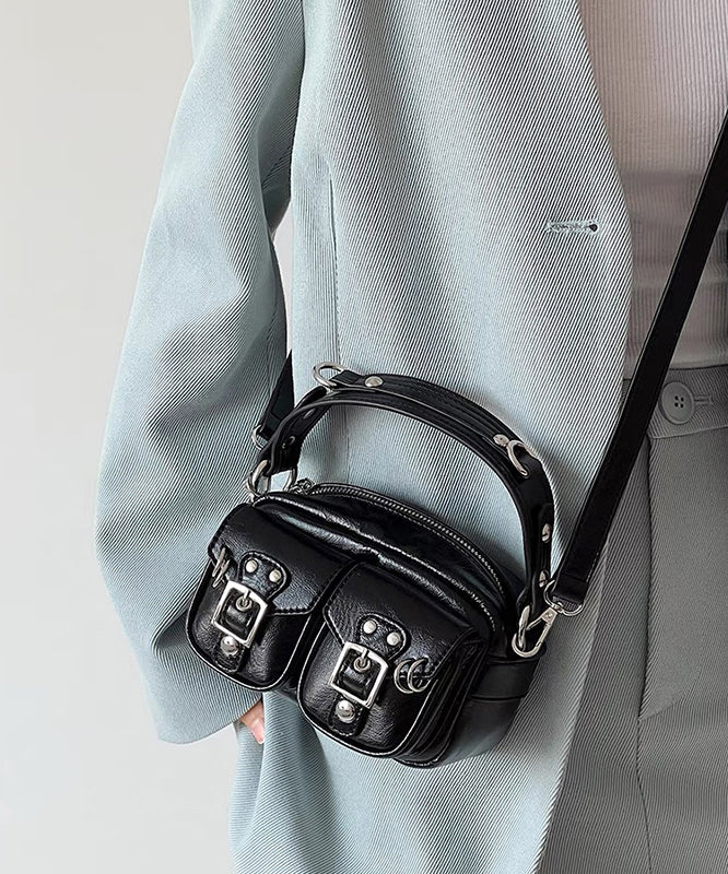 Boho Black Solid Durable With Pockets Faux Leather Mini Bag