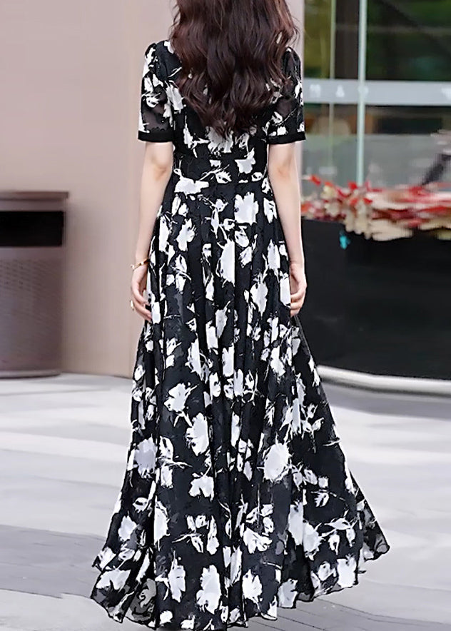 Boho Black V Neck Print Chiffon Long Dress Summer