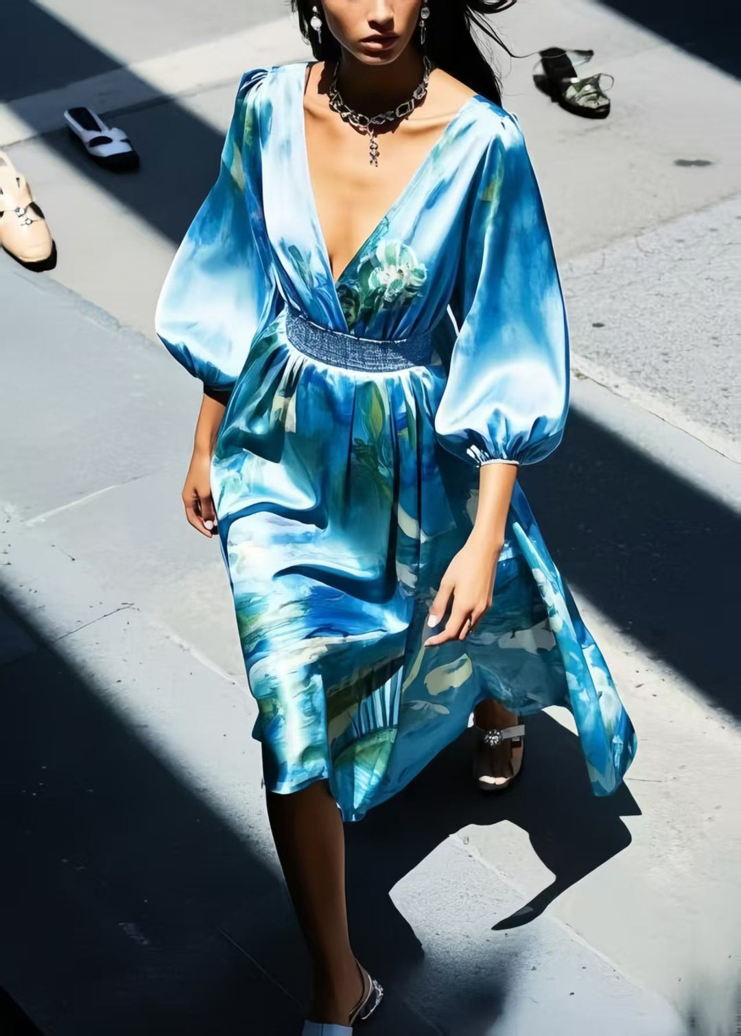 Boho Blue Print Silk Tunic Dress Bracelet Sleeve