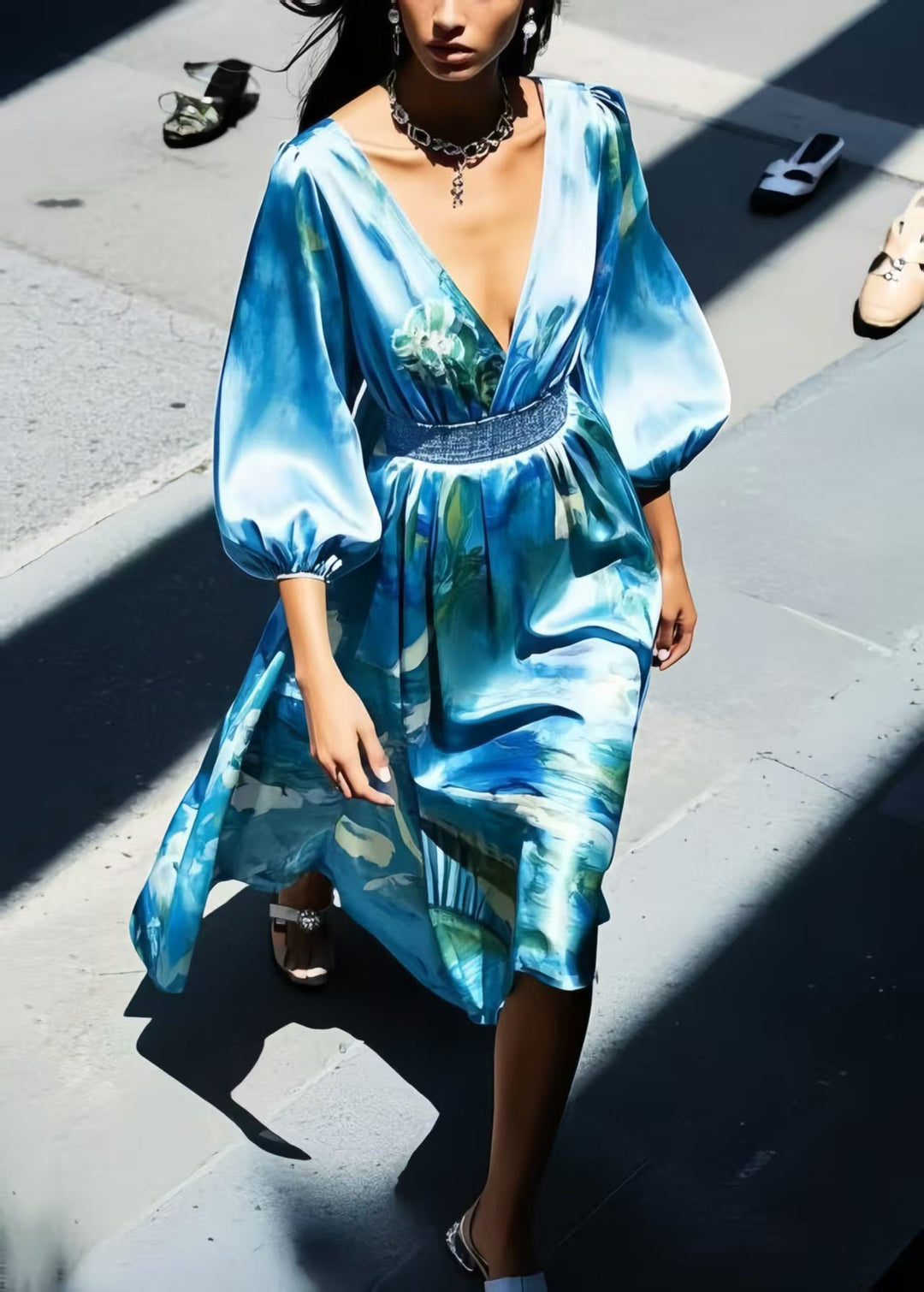 Boho Blue Print Silk Tunic Dress Bracelet Sleeve