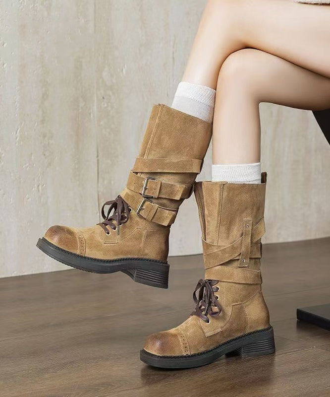 Boho Coffee Suede Lace Up Splicing Chunky Boots