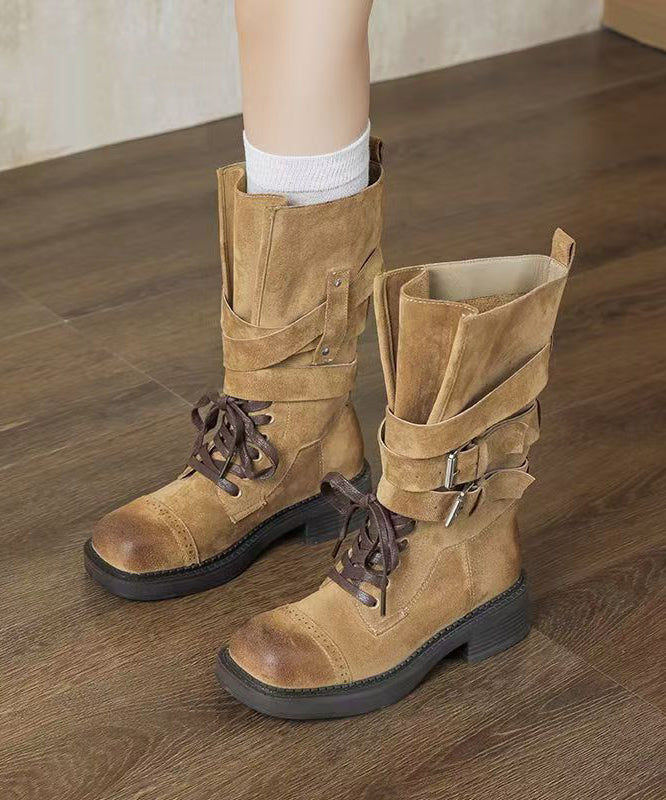 Boho Coffee Suede Lace Up Splicing Chunky Boots