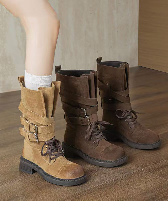 Boho Coffee Suede Lace Up Splicing Chunky Boots