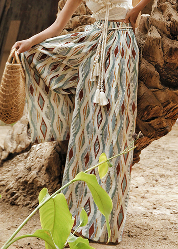 Boho Colorblock Elastic Waist Plaid Sashe Wide Leg Pants