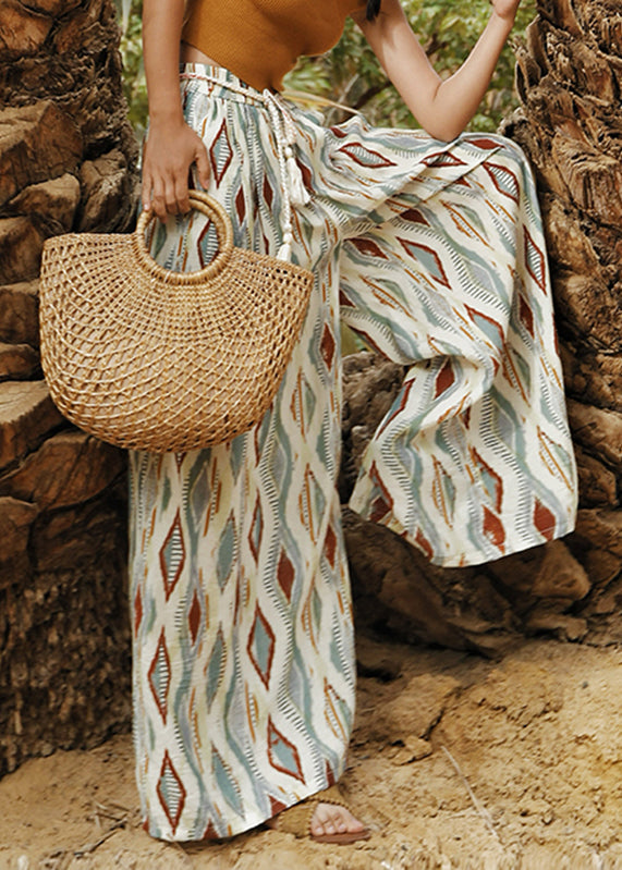 Boho Colorblock Elastic Waist Plaid Sashe Wide Leg Pants