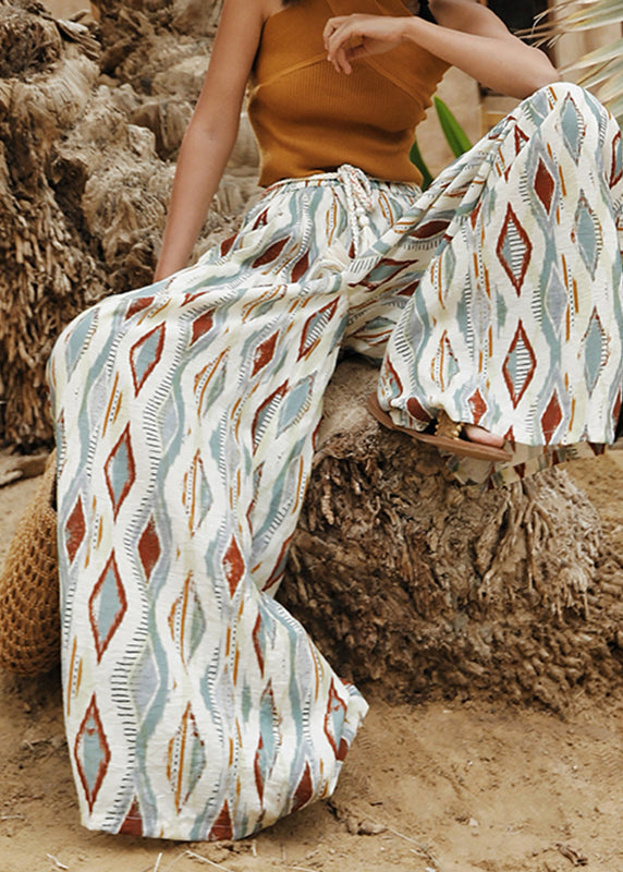 Boho Colorblock Elastic Waist Plaid Sashe Wide Leg Pants