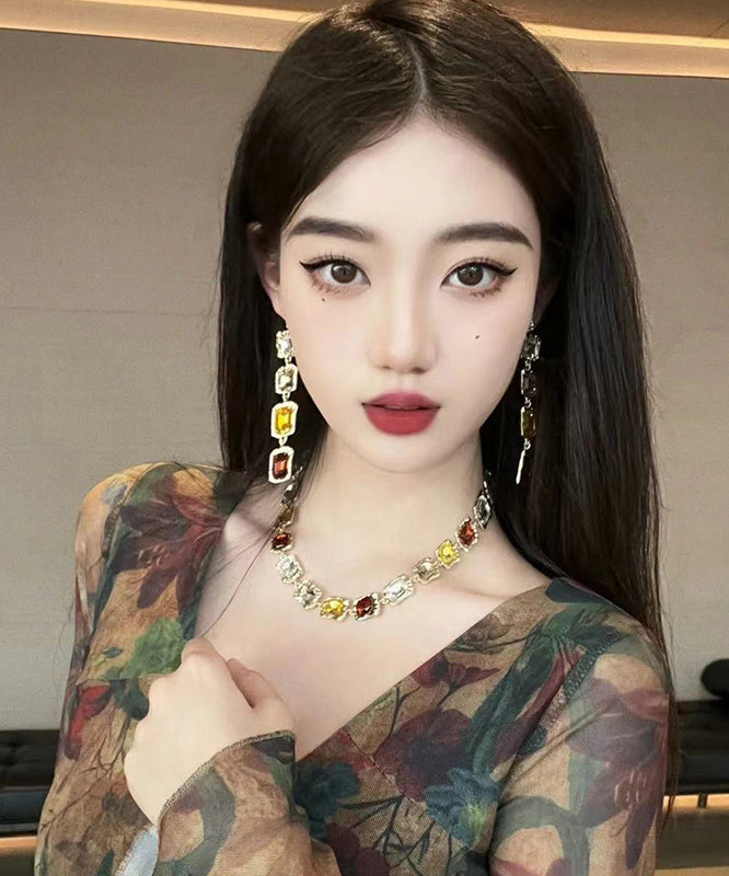 Boho Gold Alloy Gem Stone Necklace And Drop Earrings Two-Piece Set