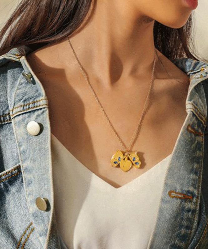 Boho Gold Copper Alloy Zircon Butterfly I Love You Pendant Necklace