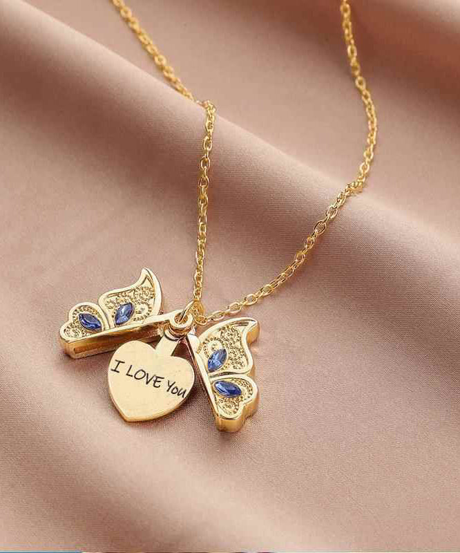 Boho Gold Copper Alloy Zircon Butterfly I Love You Pendant Necklace
