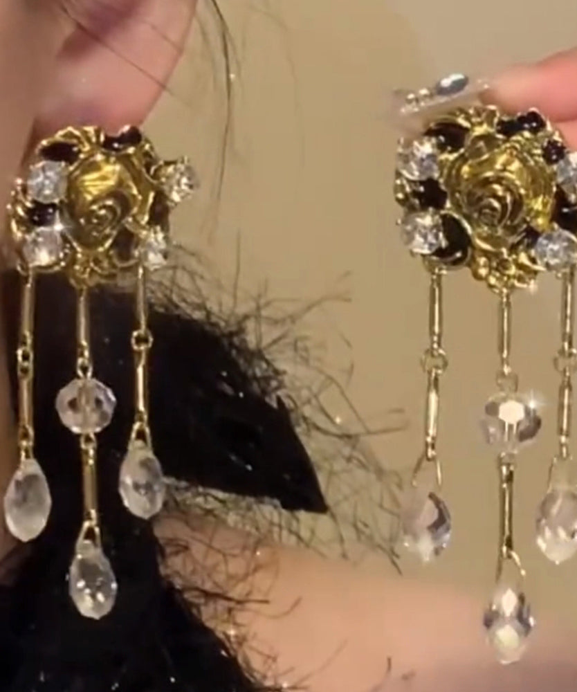 Boho Gold Copper Overgild Crystal Floral Tassel Drop Earrings