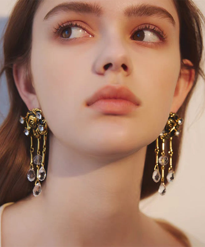Boho Gold Copper Overgild Crystal Floral Tassel Drop Earrings