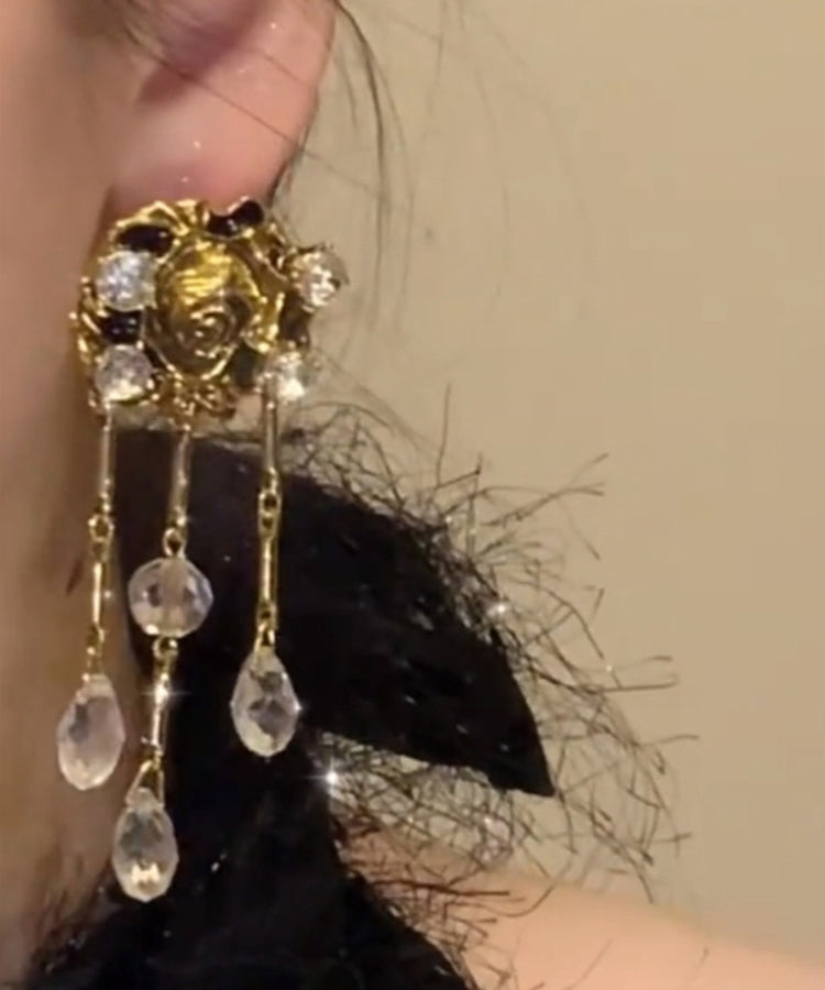 Boho Gold Copper Overgild Crystal Floral Tassel Drop Earrings