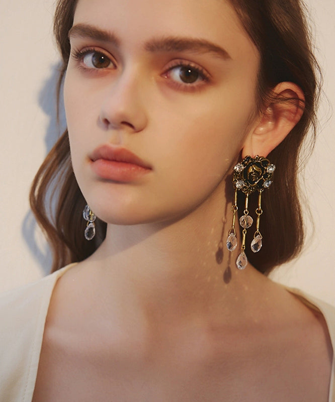 Boho Gold Copper Overgild Crystal Floral Tassel Drop Earrings