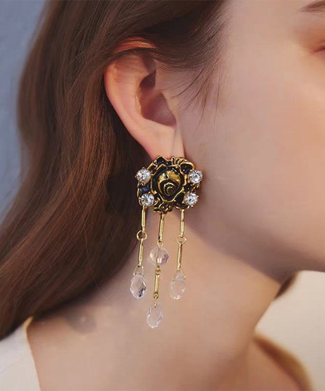 Boho Gold Copper Overgild Crystal Floral Tassel Drop Earrings