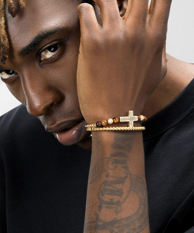 Boho Gold Copper Overgild Zircon Cross Men Charm Bracelet