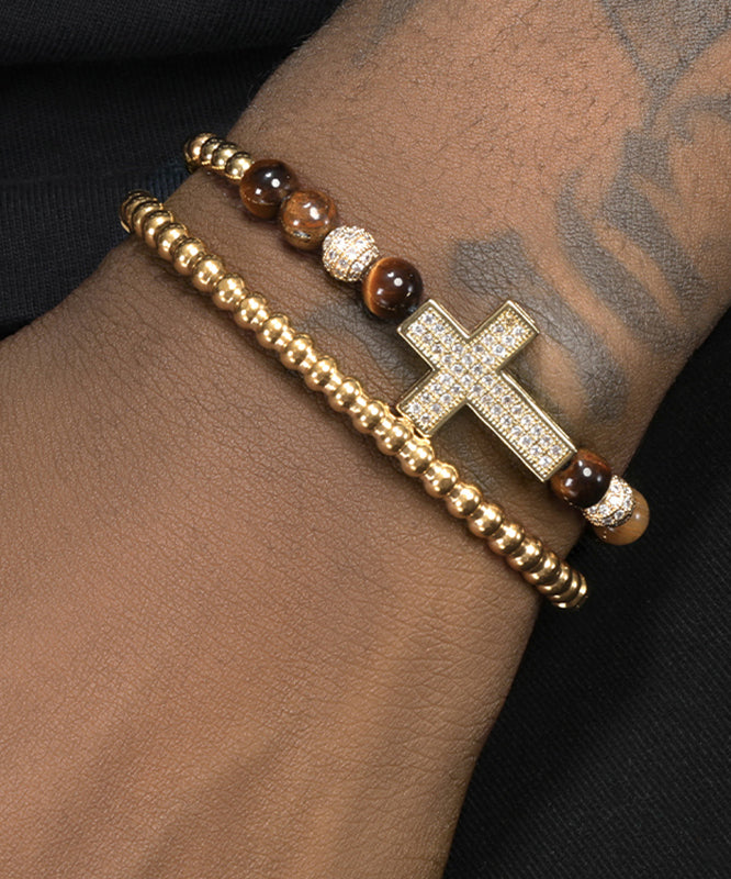 Boho Gold Copper Overgild Zircon Cross Men Charm Bracelet