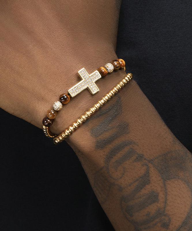 Boho Gold Copper Overgild Zircon Cross Men Charm Bracelet