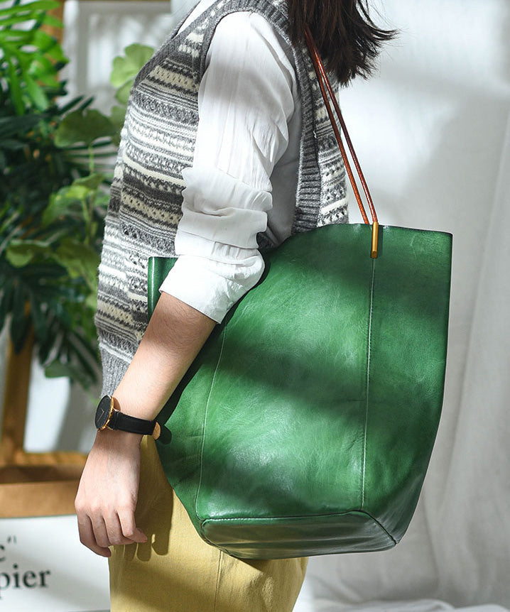Boho Green Large Capacity Leather Bucket Bag