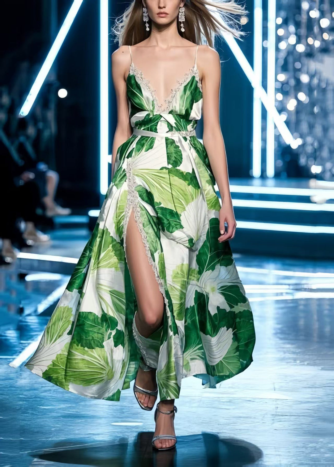 Boho Green Print Side Open Silk Spaghetti Strap Dress Summer