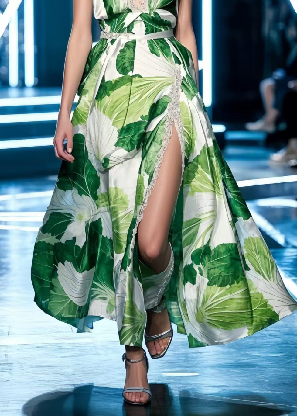 Boho Green Print Side Open Silk Spaghetti Strap Dress Summer