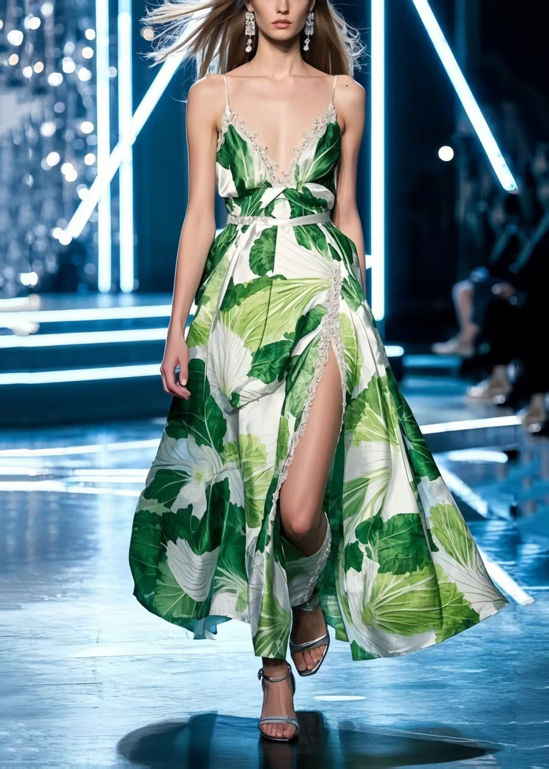 Boho Green Print Side Open Silk Spaghetti Strap Dress Summer