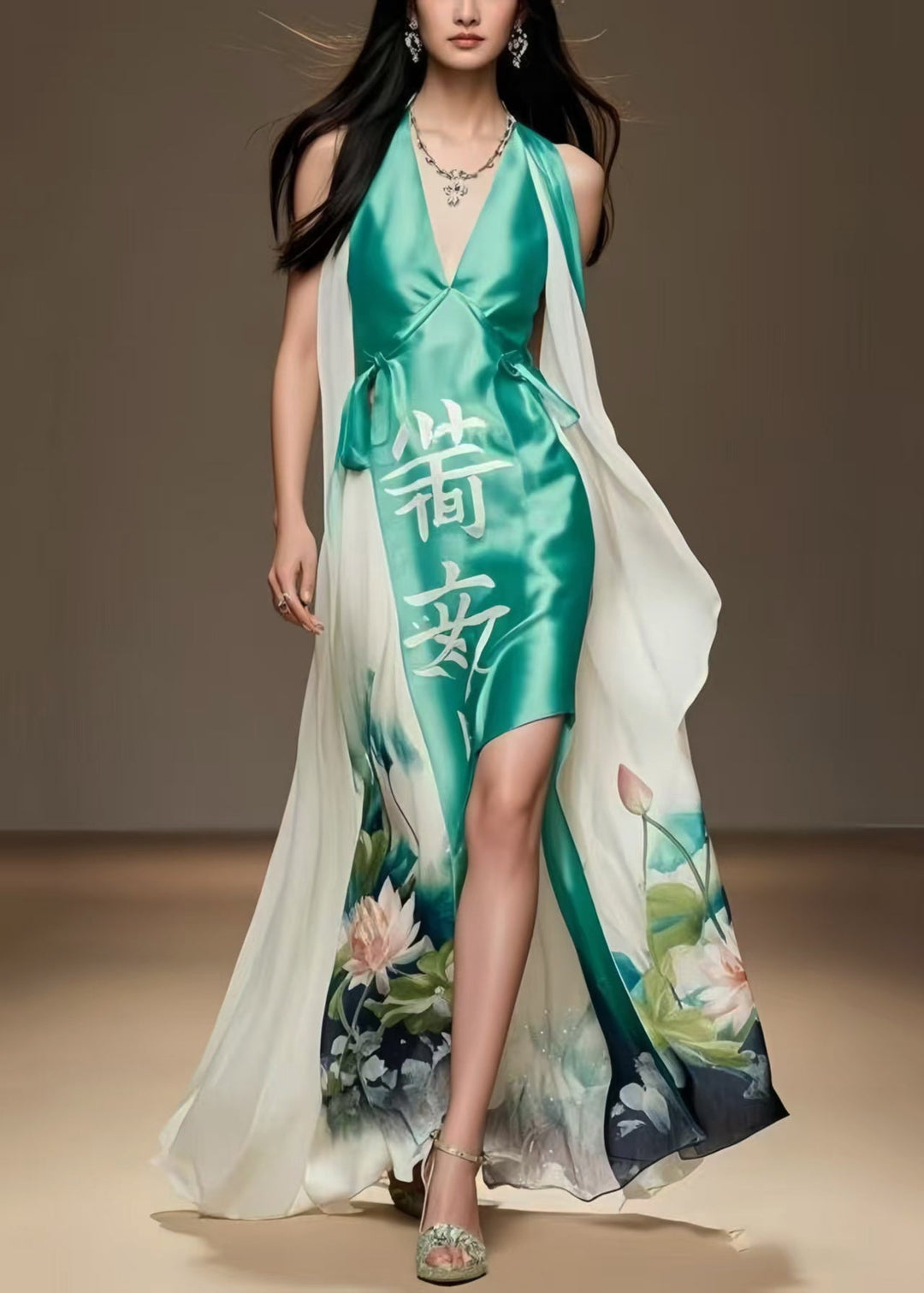 Boho Lake Green Asymmetrical Patchwork Silk Vacation Dresses Summer