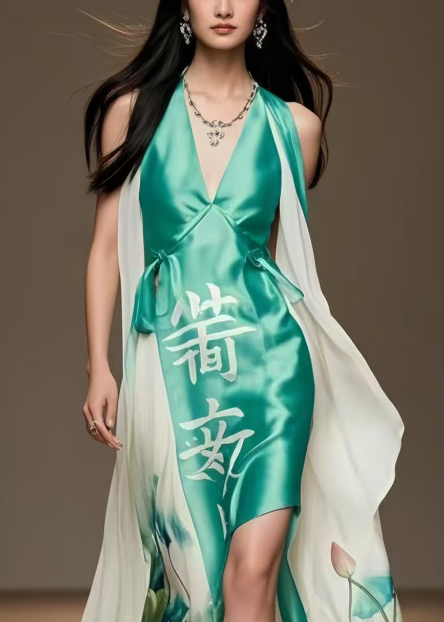 Boho Lake Green Asymmetrical Patchwork Silk Vacation Dresses Summer