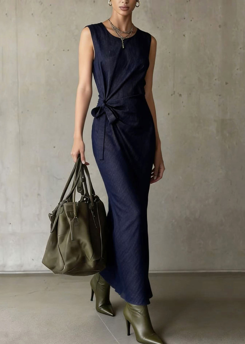 Boho Navy Asymmetrical Design Denim Long Dresses Sleeveless – Omychic