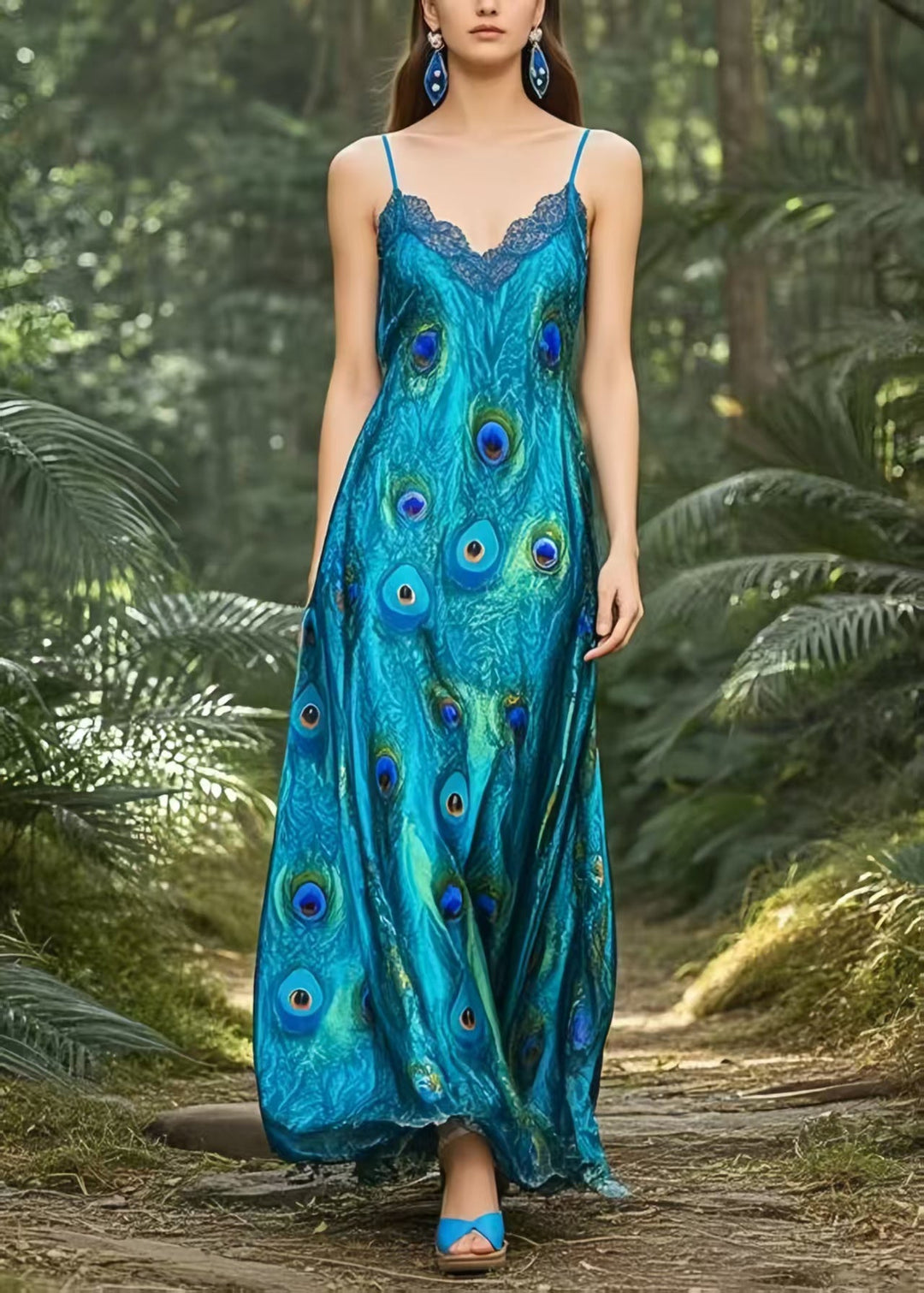 Boho Peacock Blue Print Draping Silk Spaghetti Strap Dress Summer