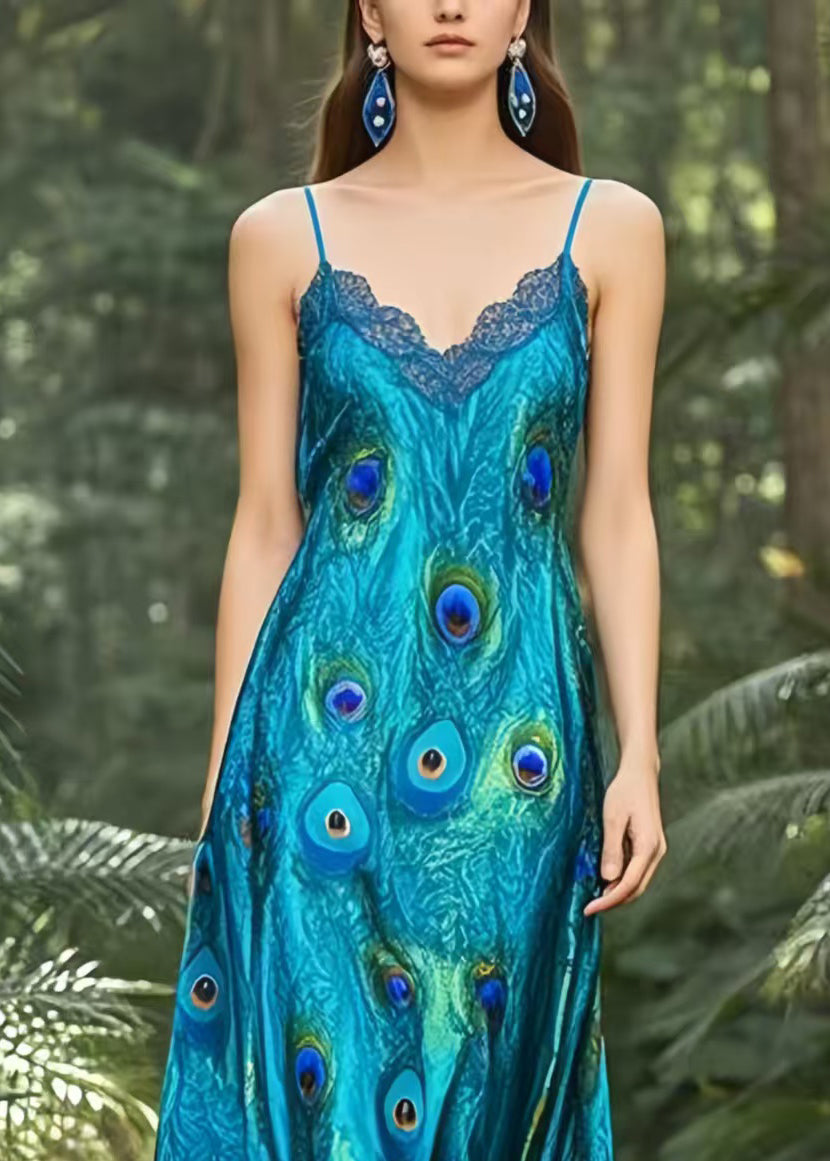 Boho Peacock Blue Print Draping Silk Spaghetti Strap Dress Summer