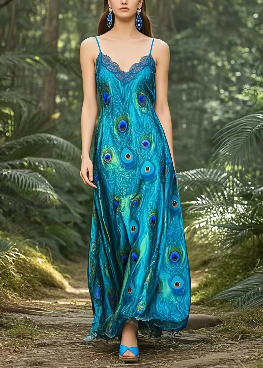 Boho Peacock Blue Print Draping Silk Spaghetti Strap Dress Summer