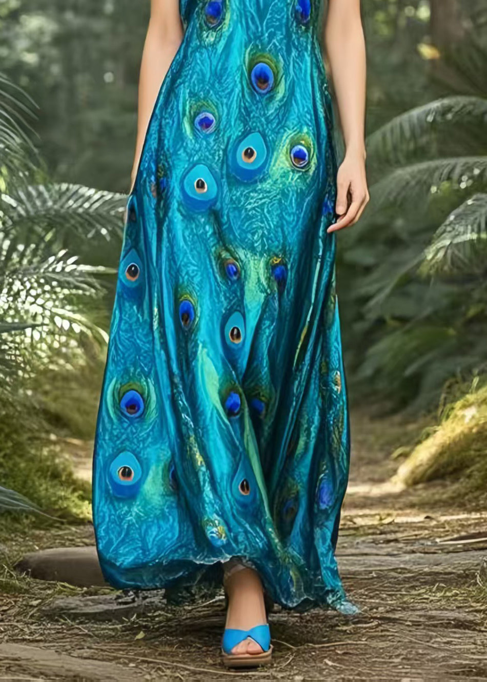 Boho Peacock Blue Print Draping Silk Spaghetti Strap Dress Summer