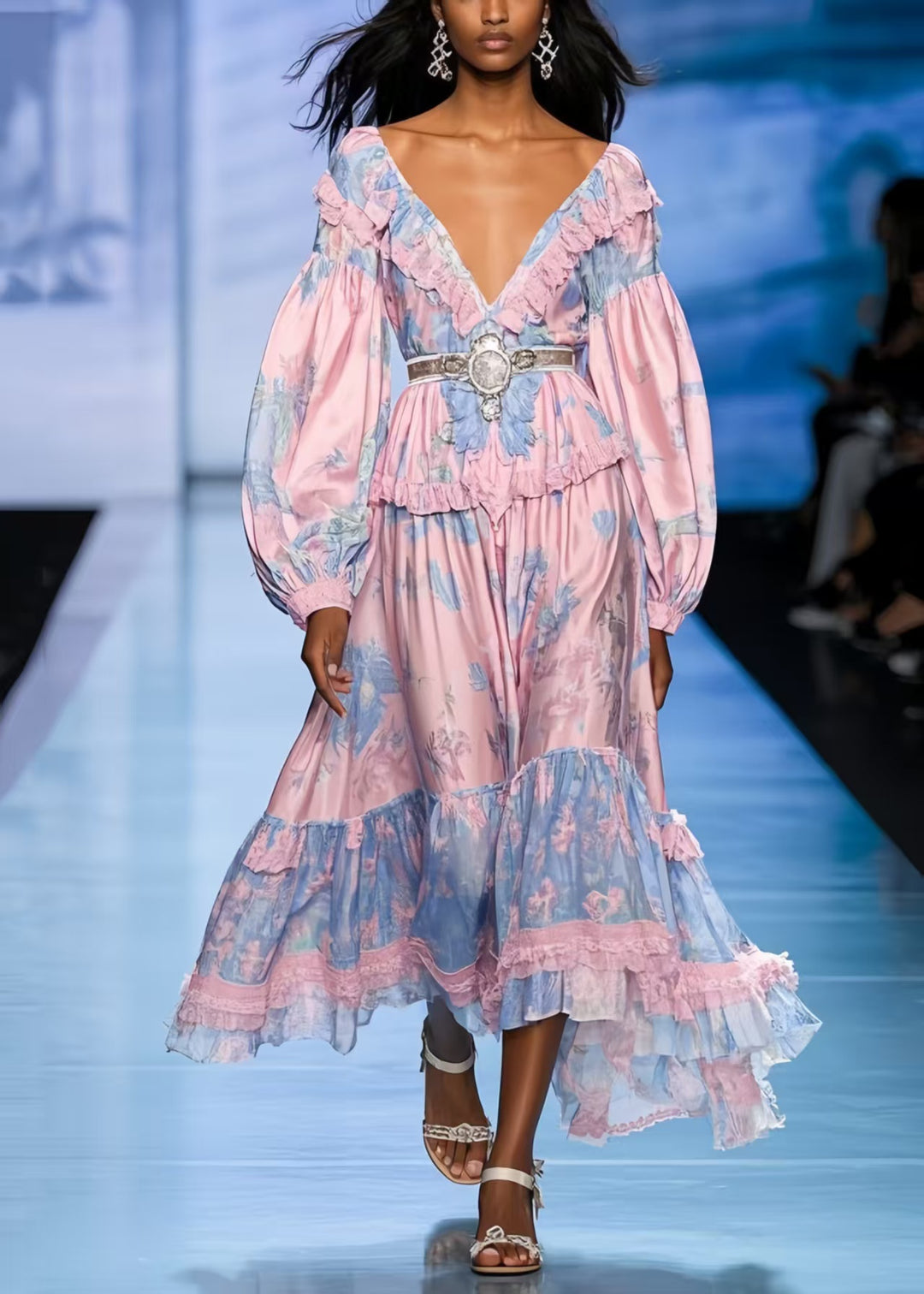 Boho Pink Ruffled Print Silk Tunic Dresses Spring