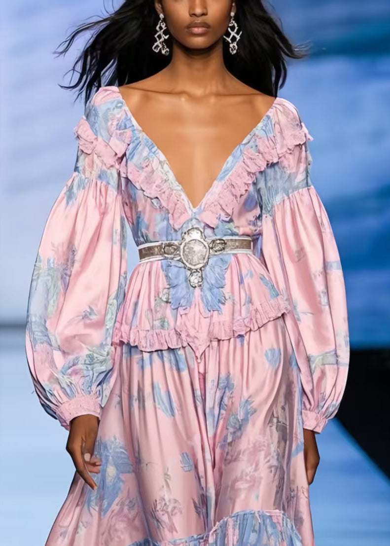 Boho Pink Ruffled Print Silk Tunic Dresses Spring