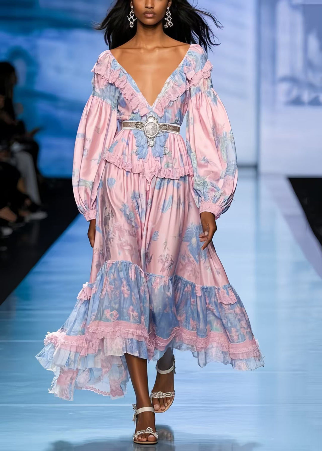 Boho Pink Ruffled Print Silk Tunic Dresses Spring