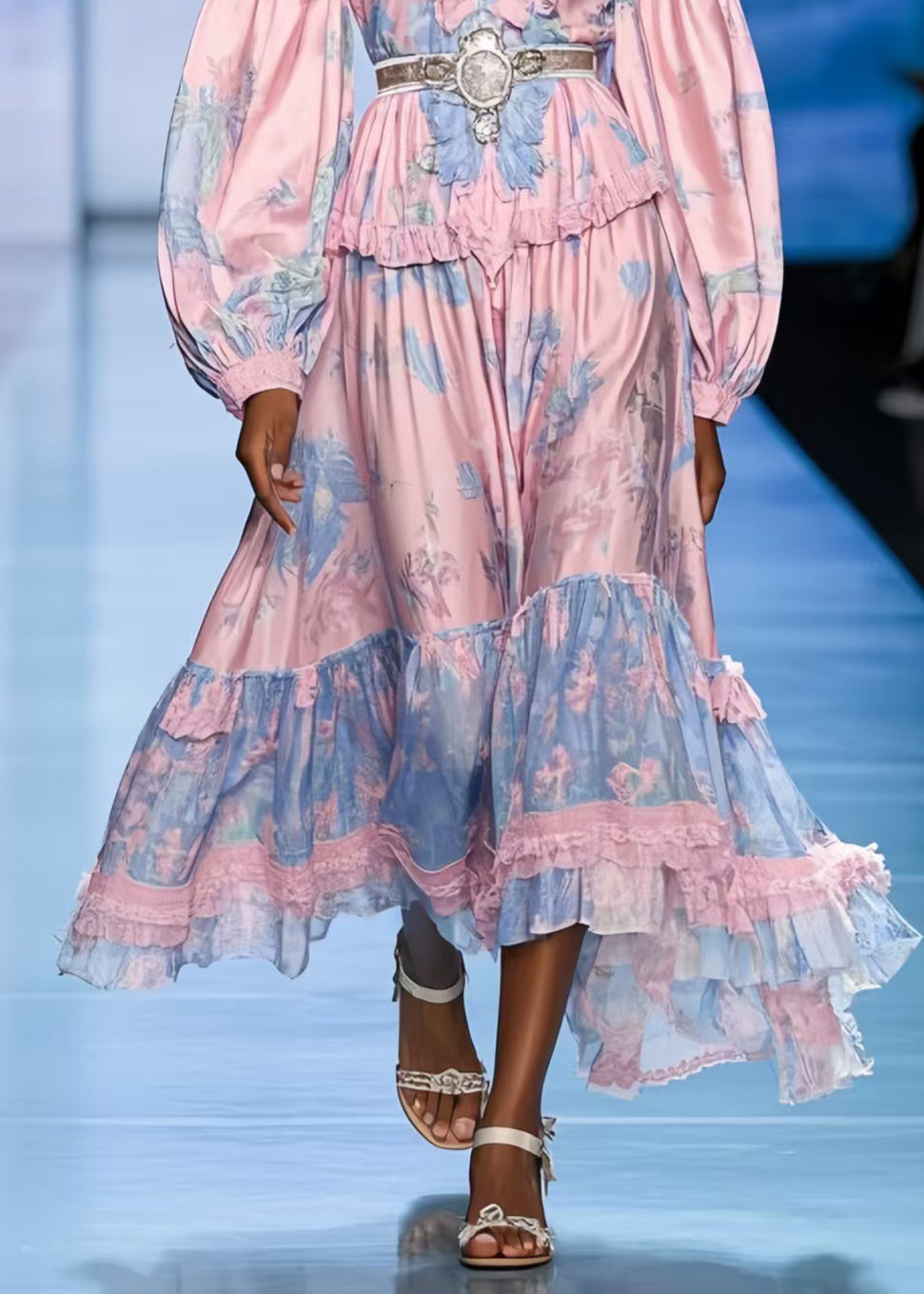 Boho Pink Ruffled Print Silk Tunic Dresses Spring